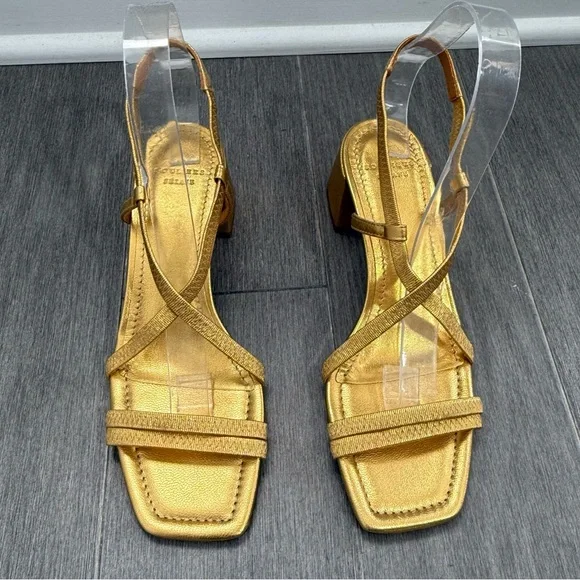SEZANE PERNILLE SANDALS GOLD 37 6.5 Strappy Block Heel Square Toe Metallic Shoes - Picture 8 of 16